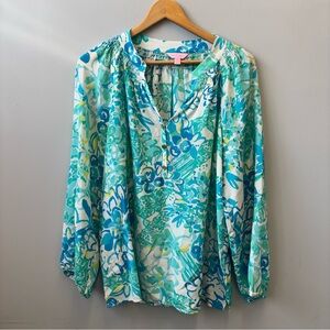 Lilly Pulitzer Elsa Silk Top Large Blue Teal Floral